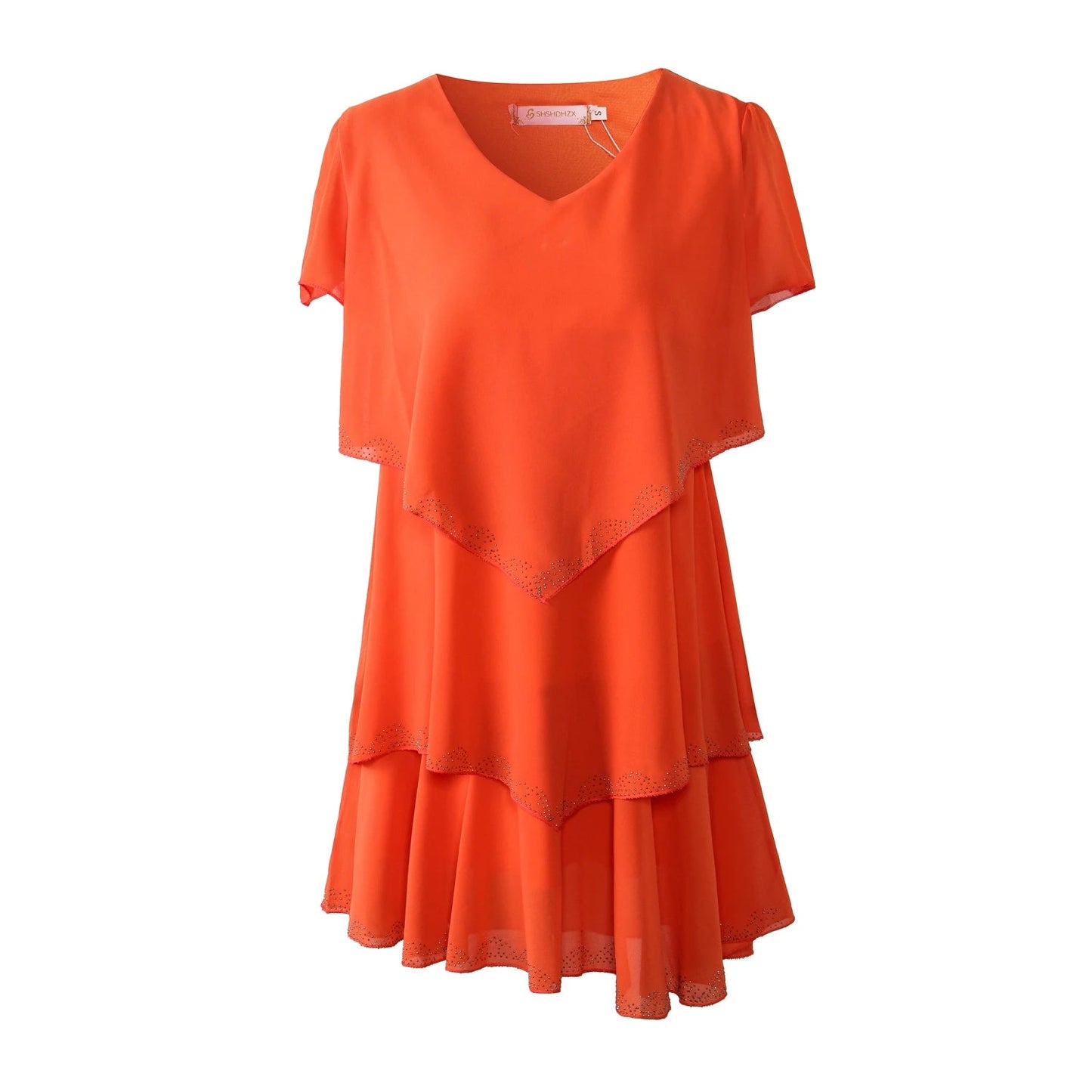 Summer Women Chiffon Cake Dress Cascading Ruffle Diamond Short Sleeves Party Dresses - PratSN