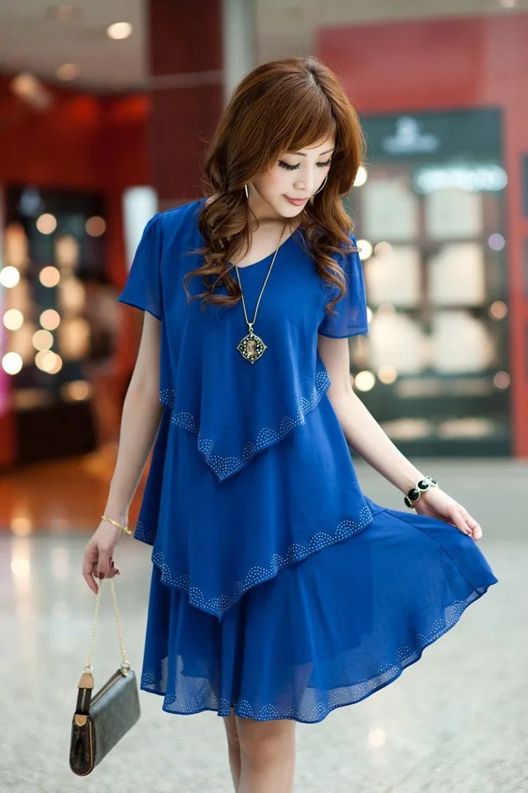 Summer Women Chiffon Cake Dress Cascading Ruffle Diamond Short Sleeves Party Dresses - PratSN