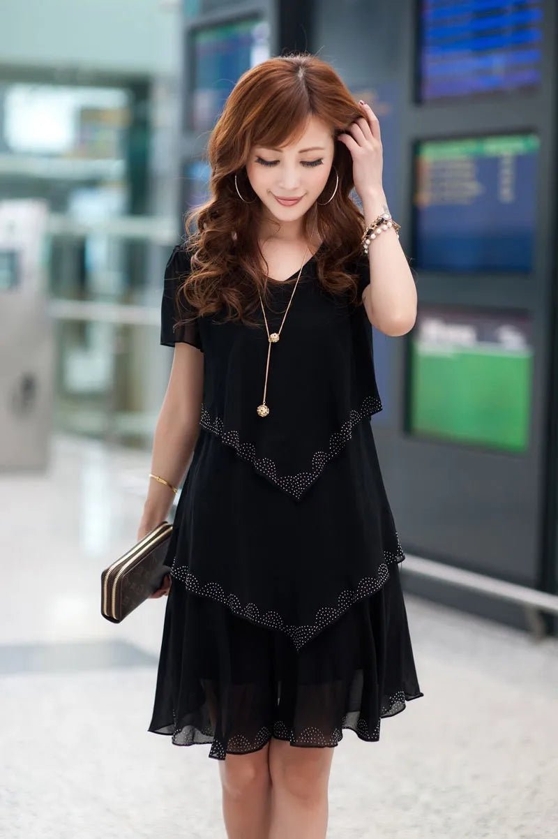 Summer Women Chiffon Cake Dress Cascading Ruffle Diamond Short Sleeves Party Dresses - PratSN