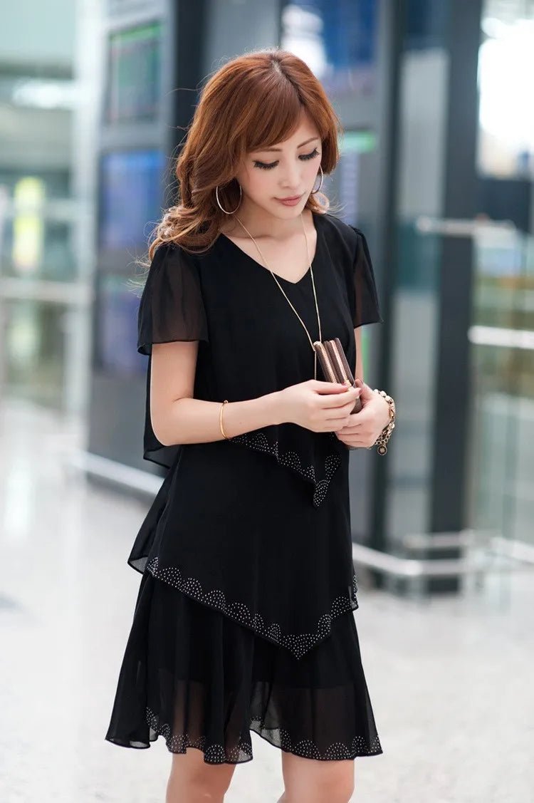 Summer Women Chiffon Cake Dress Cascading Ruffle Diamond Short Sleeves Party Dresses - PratSN