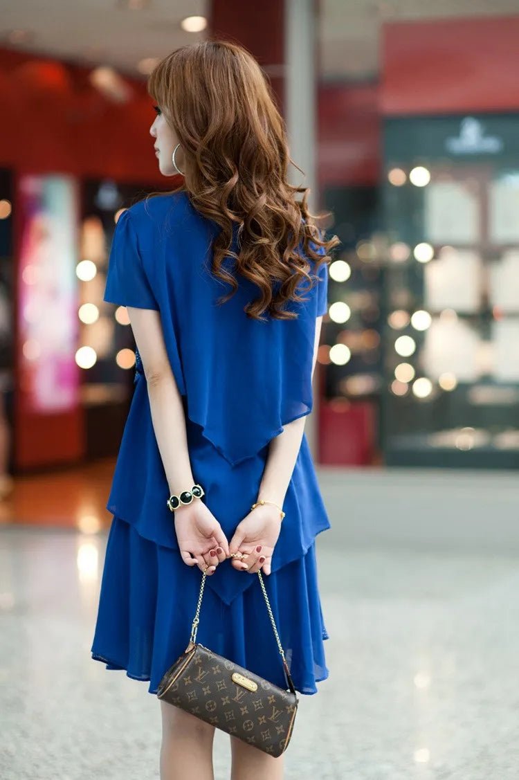Summer Women Chiffon Cake Dress Cascading Ruffle Diamond Short Sleeves Party Dresses - PratSN
