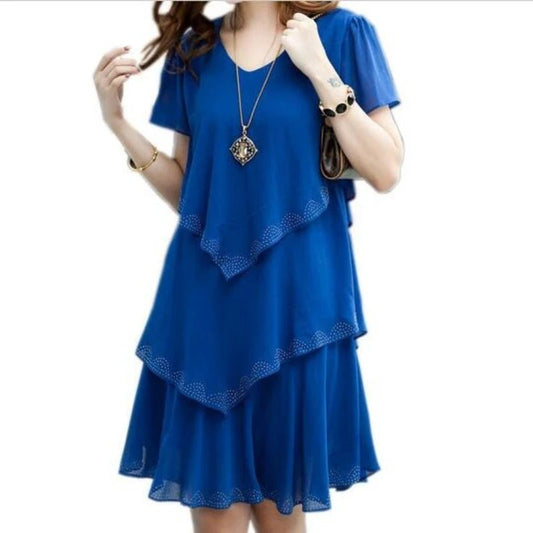 Summer Women Chiffon Cake Dress Cascading Ruffle Diamond Short Sleeves Party Dresses - PratSN