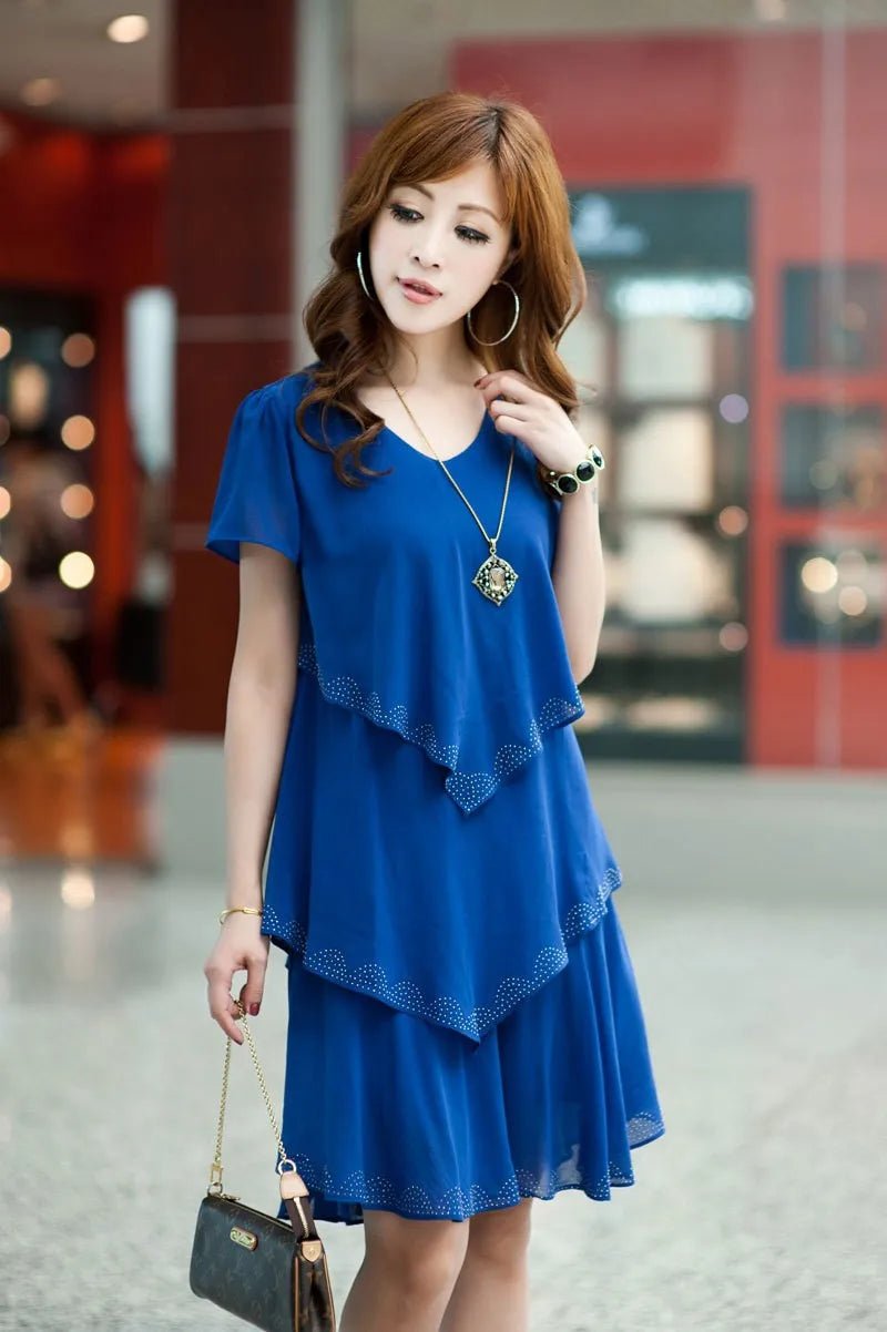 Summer Women Chiffon Cake Dress Cascading Ruffle Diamond Short Sleeves Party Dresses - PratSN