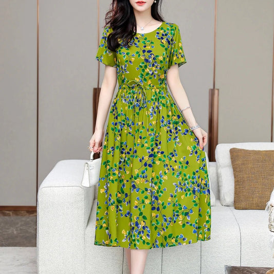 Summer Women Short sleeve plus size Dress Green Midi Dress - PratSN