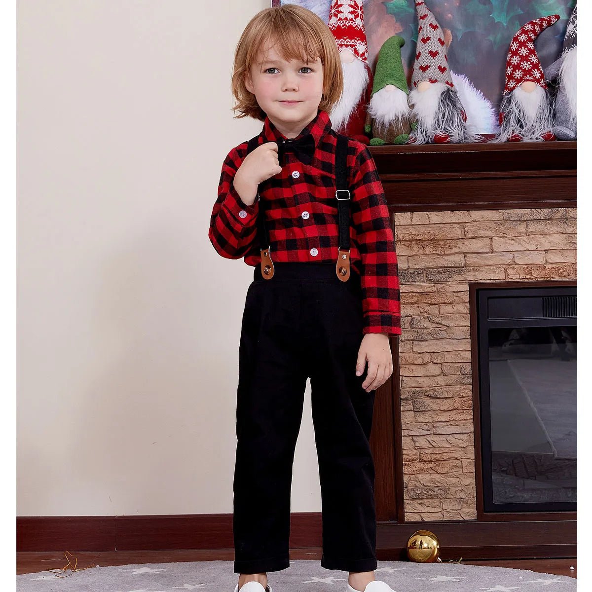 Suspenders Outfits Baby Boys Formal Clothing Sets Wedding Ring Bearer Clothes Kids Plaid Solid Suit Toddler Birthday Pants Set - PratSN