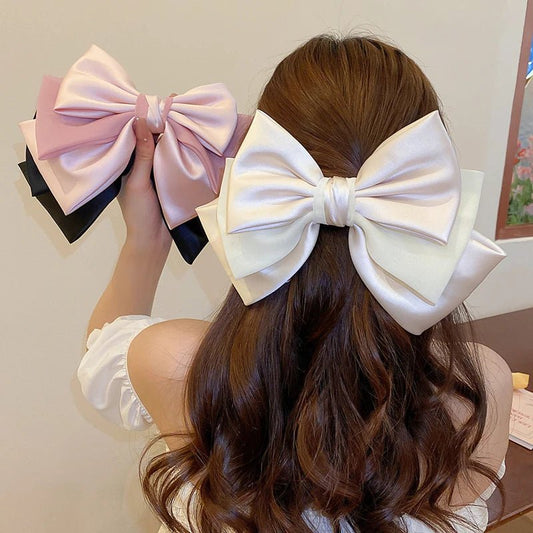 Sweet Pink Bow Hairpins Solid Color Big Bowknot Hair Clips Women Girls Soft Satin Barrettes Clip Party Wedding Hair Accessories - PratSN