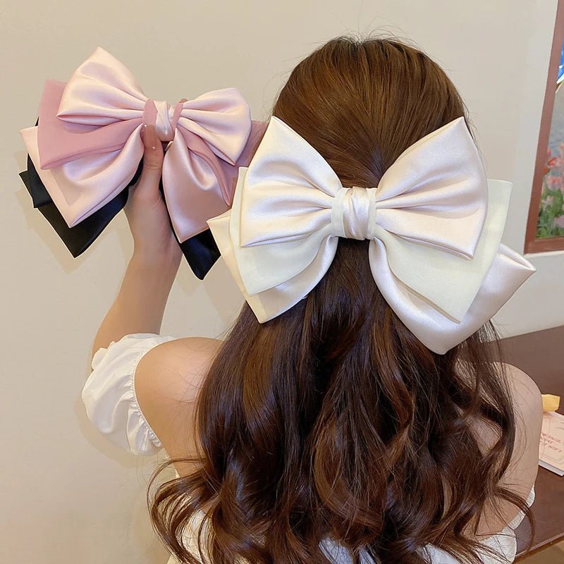 Sweet Pink Bow Hairpins Solid Color Big Bowknot Hair Clips Women Girls Soft Satin Barrettes Clip Party Wedding Hair Accessories - PratSN