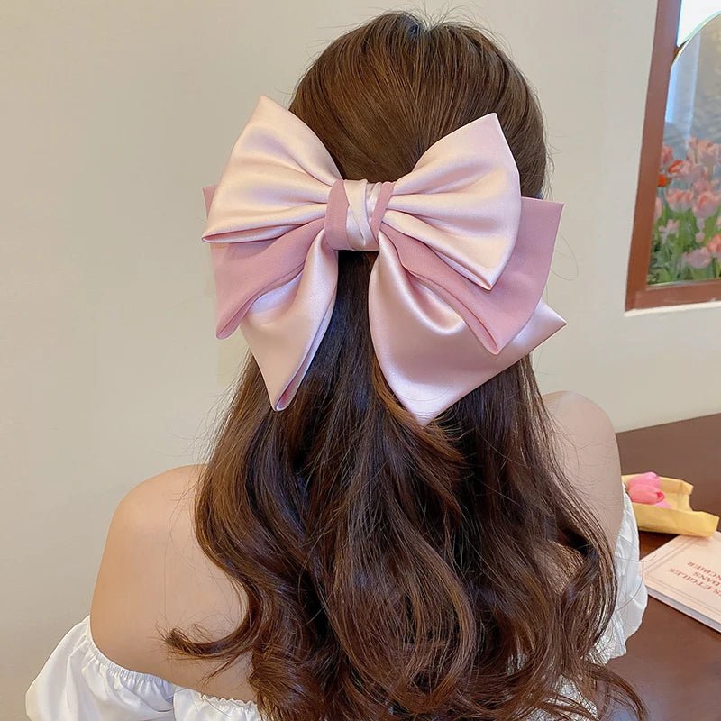 Sweet Pink Bow Hairpins Solid Color Big Bowknot Hair Clips Women Girls Soft Satin Barrettes Clip Party Wedding Hair Accessories - PratSN