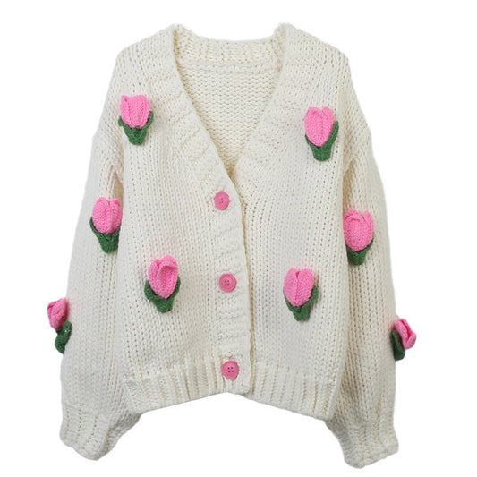 Sweet Sweater Cardigan Hand Crocheting Flower Loose V - neck - PratSN