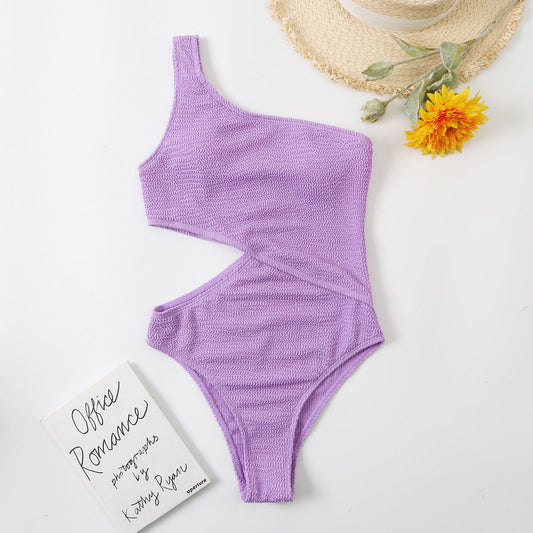 Swimsuit Womens One Piece Bikini Solid Color One Shoulder Swimsuit - PratSN