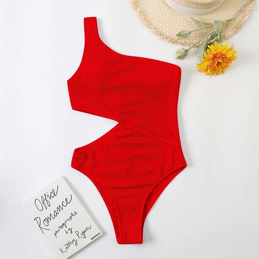 Swimsuit Womens One Piece Bikini Solid Color One Shoulder Swimsuit - PratSN