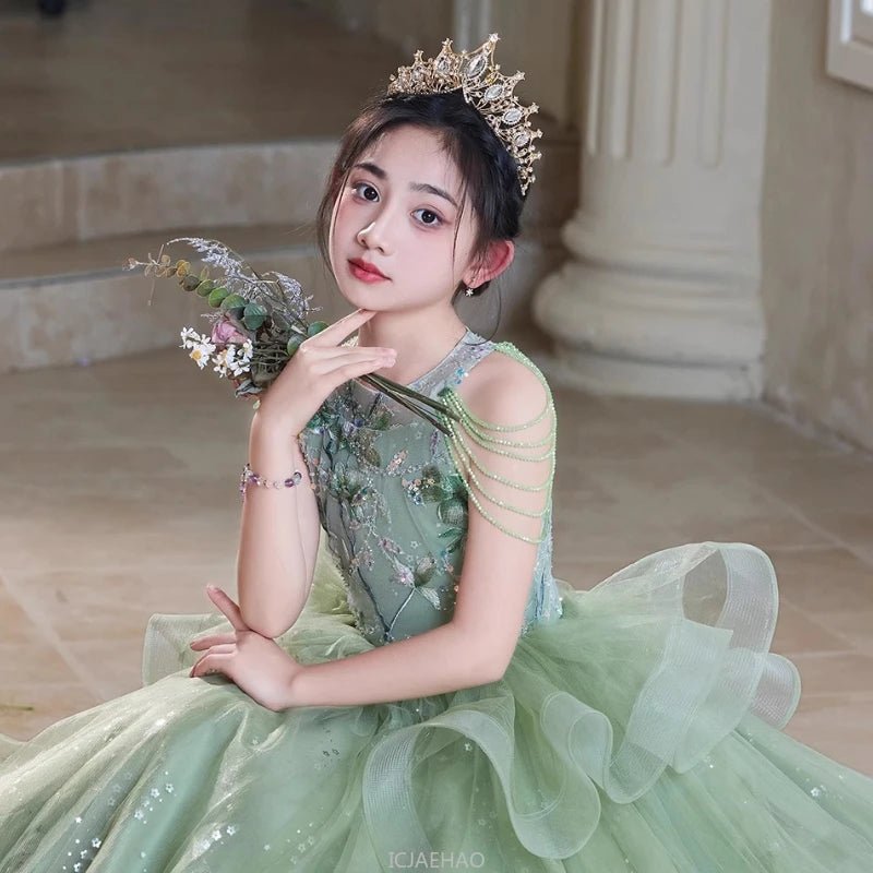 Teen Girl Clothes Green Girls Princess Dress Kids Pageant Host Gown Birthday Party Outfit PianoFormal Wear Recital Performance - PratSN