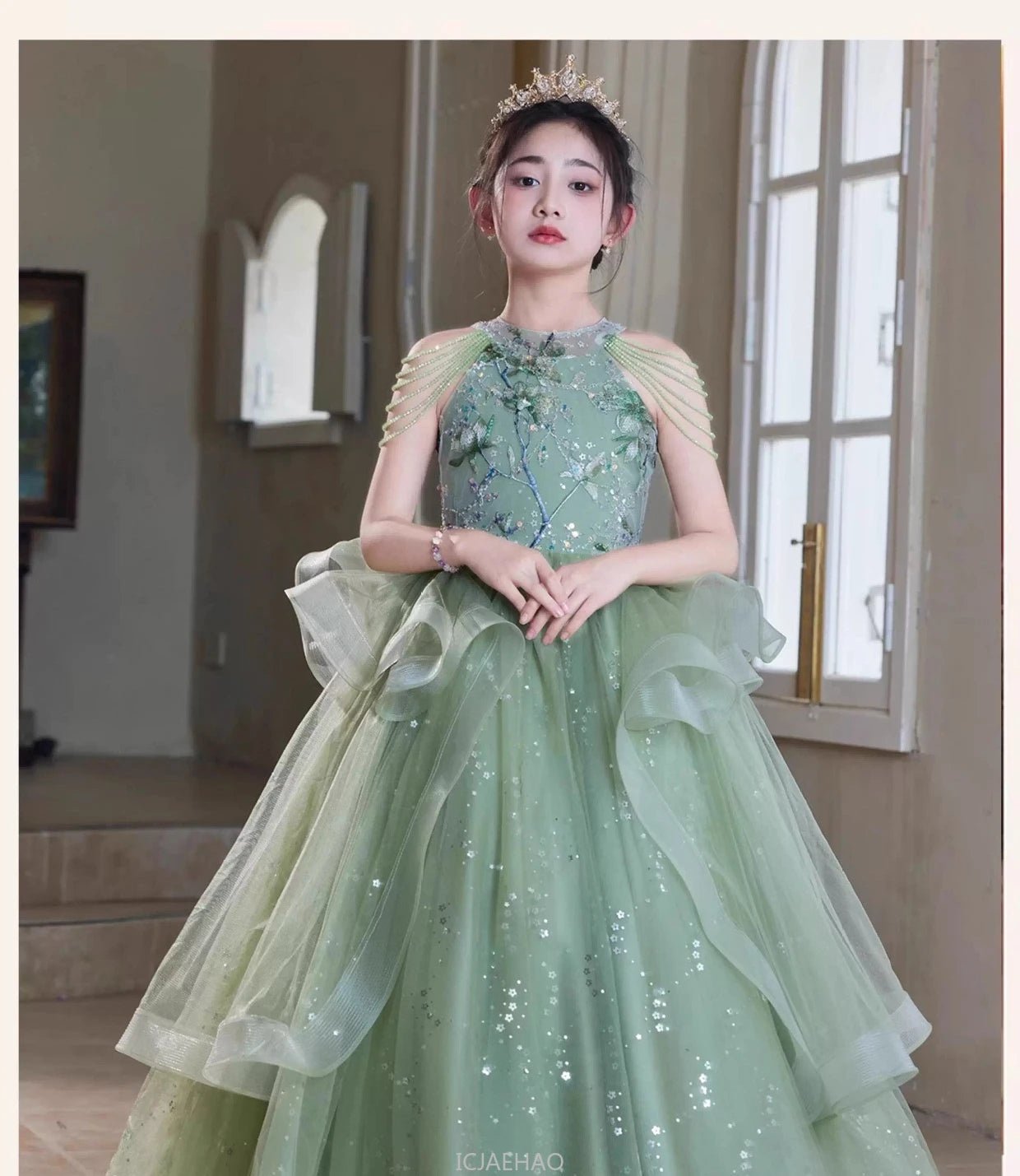Teen Girl Clothes Green Girls Princess Dress Kids Pageant Host Gown Birthday Party Outfit PianoFormal Wear Recital Performance - PratSN