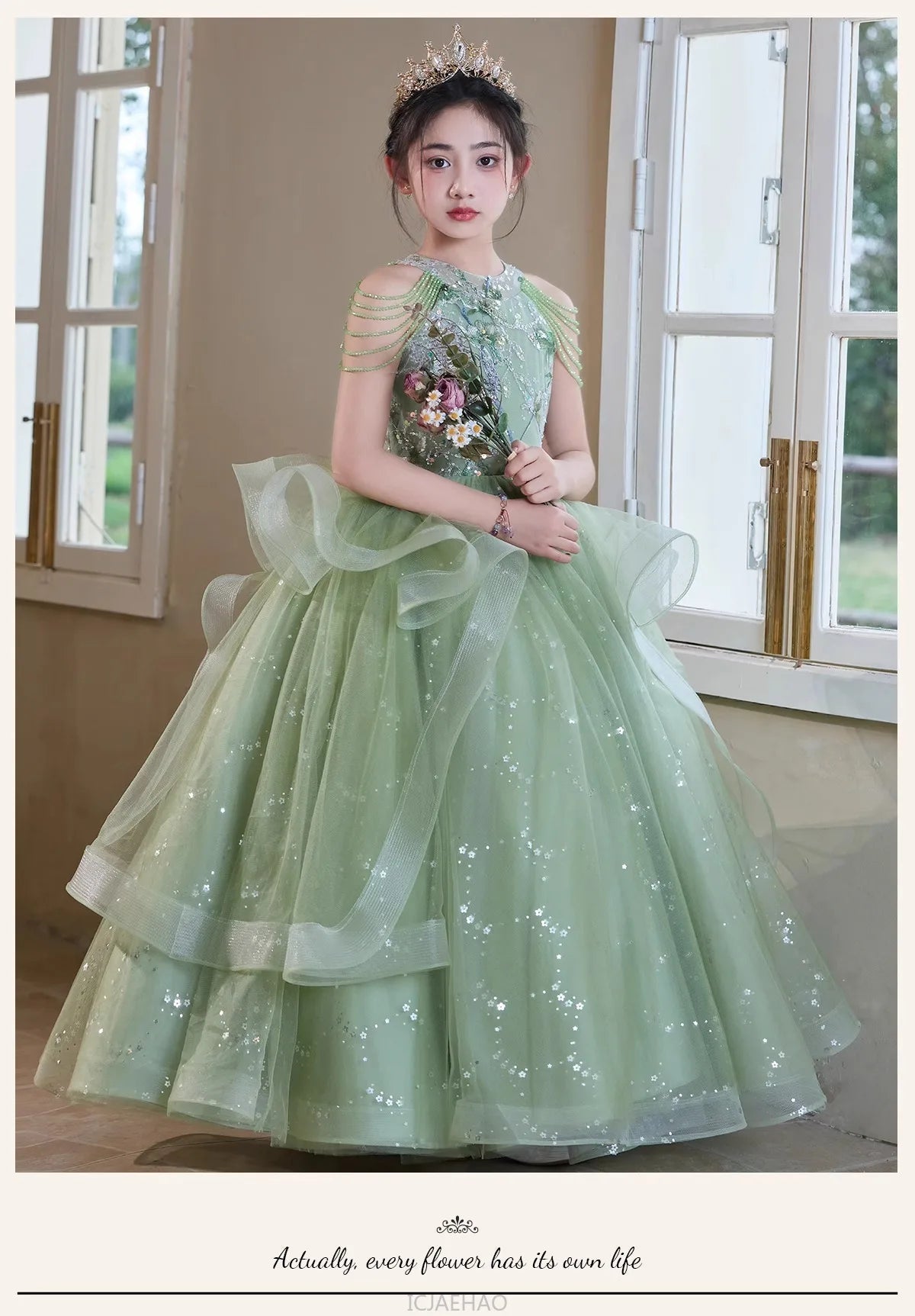 Teen Girl Clothes Green Girls Princess Dress Kids Pageant Host Gown Birthday Party Outfit PianoFormal Wear Recital Performance - PratSN