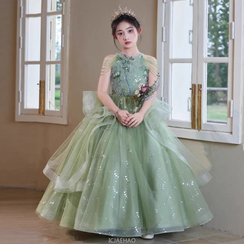 strapless open back dress Teen Girl Clothes Green Girls Princess Dress Kids Pageant Host Gown Birthday Party Outfit