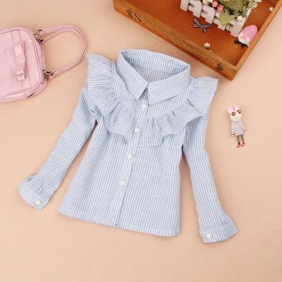 Teenage Girls Clothes Autumn Kids Blue Stripe Blouses Turn - down Collar Full Sleeve Shirt Children Cotton Tops School Girl Blouse - PratSN