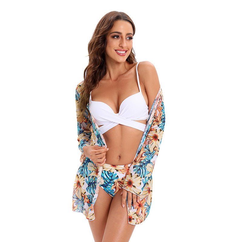 Three Piece Bikini Swimsuit Mesh Shawl Split Swimsuit High Waist - PratSN