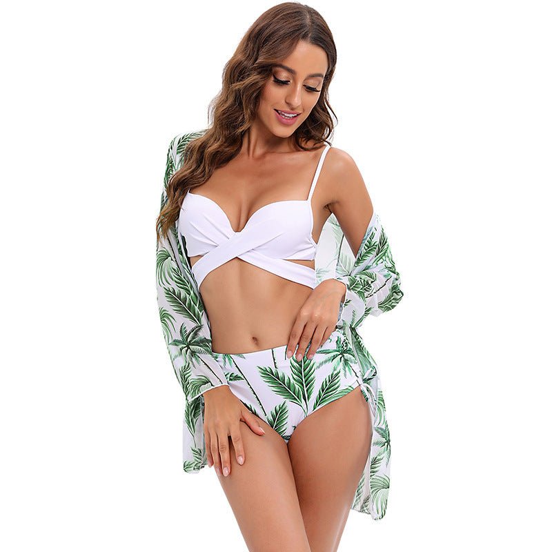 Three Piece Bikini Swimsuit Mesh Shawl Split Swimsuit High Waist - PratSN
