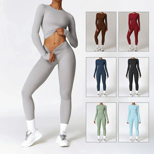 Tight - fitting Brushed Yoga Suit Quick - drying Fitness Clothes Fitness Long Sleeve Tracksuits Sports Suit Gym Top High Waist Leggings Women Sets Yoga Set - PratSN