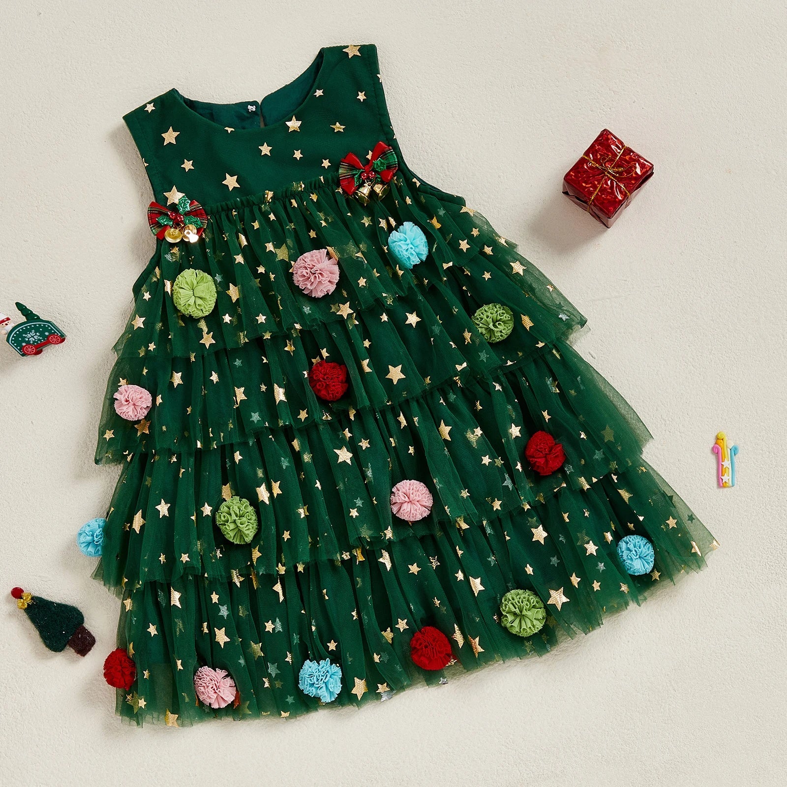 Toddler Baby Girl Christmas Dress Outfit Sleeveless Shiny Stars Tank Dress Layered Tulle Mesh Dresses Xmas - PratSN