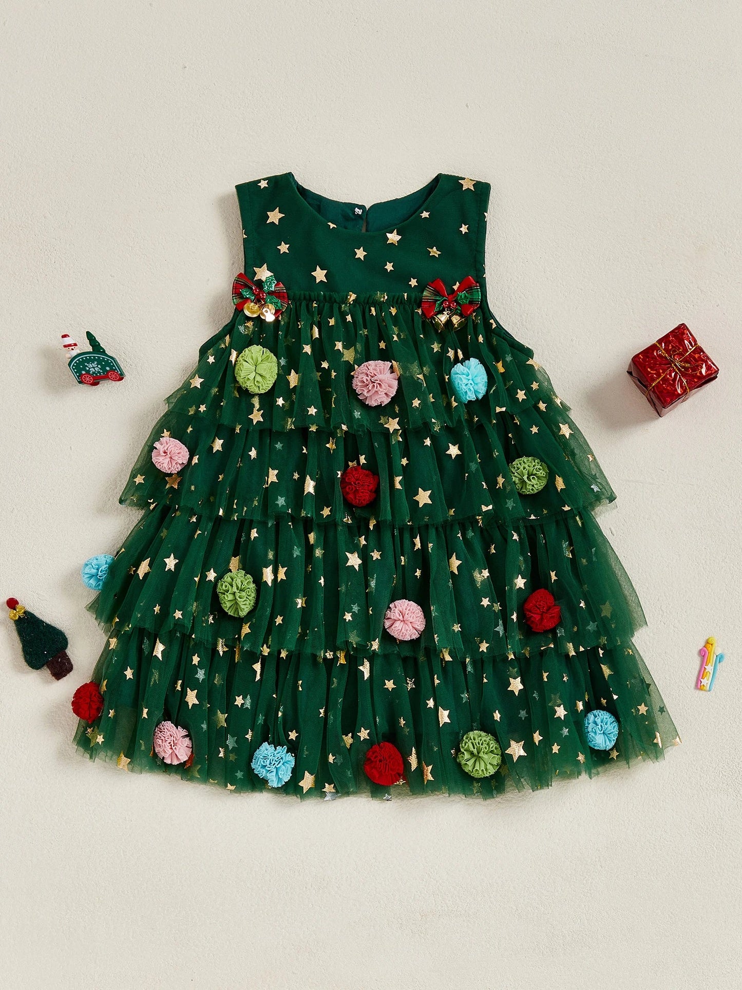 Toddler Baby Girl Christmas Dress Outfit Sleeveless Shiny Stars Tank Dress Layered Tulle Mesh Dresses Xmas - PratSN