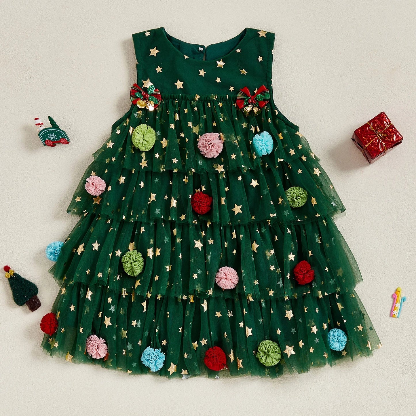 Toddler Baby Girl Christmas Dress Outfit Sleeveless Shiny Stars Tank Dress Layered Tulle Mesh Dresses Xmas - PratSN