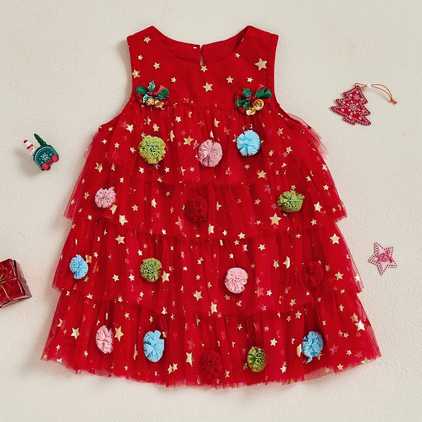 Toddler Baby Girl Christmas Dress Outfit Sleeveless Shiny Stars Tank Dress Layered Tulle Mesh Dresses Xmas - PratSN