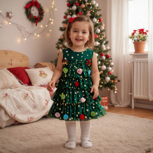 Toddler Baby Girl Christmas Dress Outfit Sleeveless Shiny Stars Tank Dress Layered Tulle Mesh Dresses Xmas - PratSN