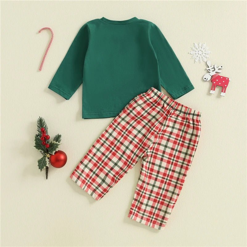 Toddler Baby Girls Boys Christmas Outfit Xmas Embroidery Crew Neck Long Sleeve Pullover Tops and Plaid Pants 2 Pcs Set - PratSN
