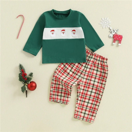 Toddler Baby Girls Boys Christmas Outfit Xmas Embroidery Crew Neck Long Sleeve Pullover Tops and Plaid Pants 2 Pcs Set - PratSN