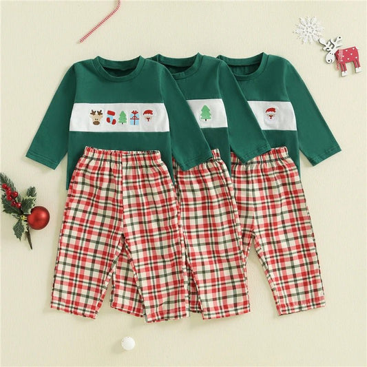 Toddler Baby Girls Boys Christmas Outfit Xmas Embroidery Crew Neck Long Sleeve Pullover Tops and Plaid Pants 2 Pcs Set - PratSN