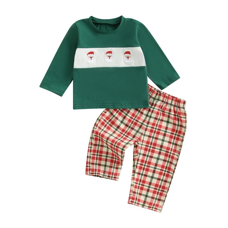 Toddler Baby Girls Boys Christmas Outfit Xmas Embroidery Crew Neck Long Sleeve Pullover Tops and Plaid Pants 2 Pcs Set - PratSN