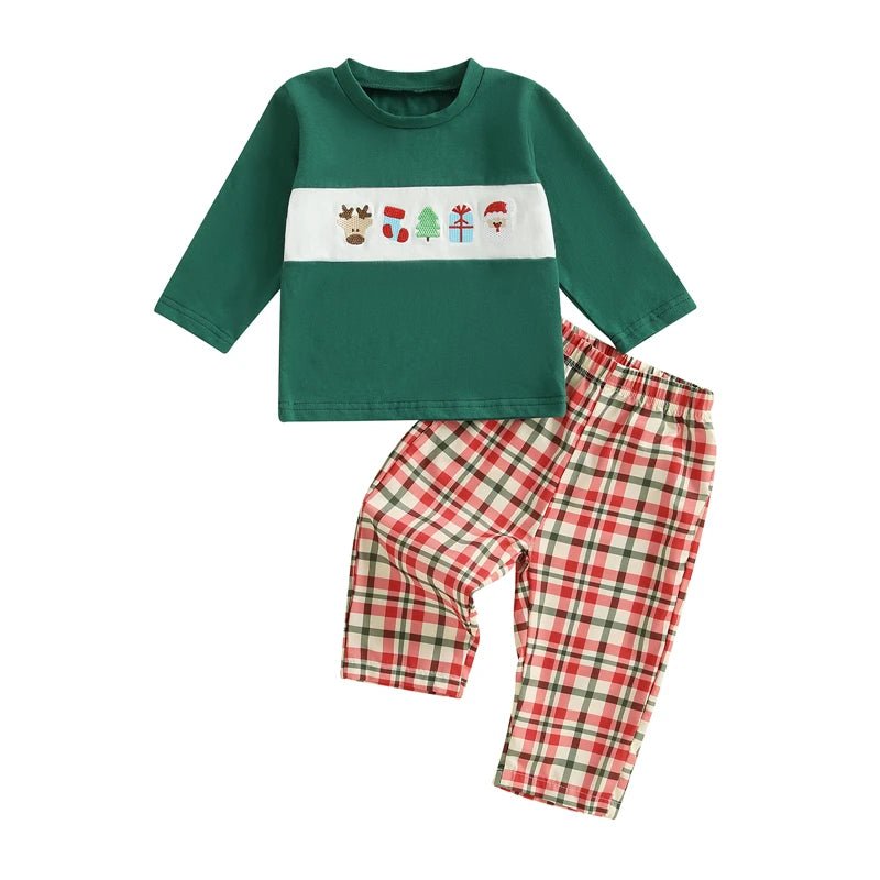 Toddler Baby Girls Boys Christmas Outfit Xmas Embroidery Crew Neck Long Sleeve Pullover Tops and Plaid Pants 2 Pcs Set - PratSN