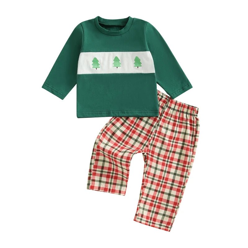 Toddler Baby Girls Boys Christmas Outfit Xmas Embroidery Crew Neck Long Sleeve Pullover Tops and Plaid Pants 2 Pcs Set - PratSN
