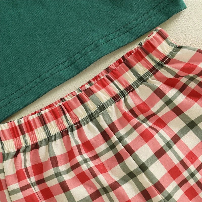 Toddler Baby Girls Boys Christmas Outfit Xmas Embroidery Crew Neck Long Sleeve Pullover Tops and Plaid Pants 2 Pcs Set - PratSN