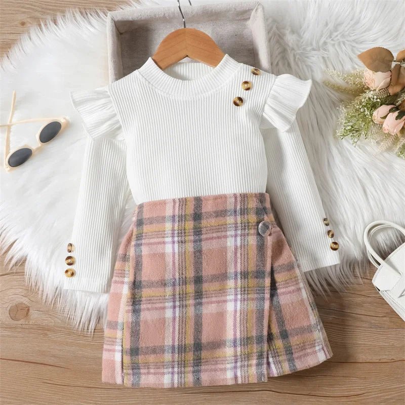 Toddler Girl 2 Piece Outfit Ruffles Long Sleeve Shirt and Plaid Shorts Skirt for Toddler Fall Clothes - PratSN