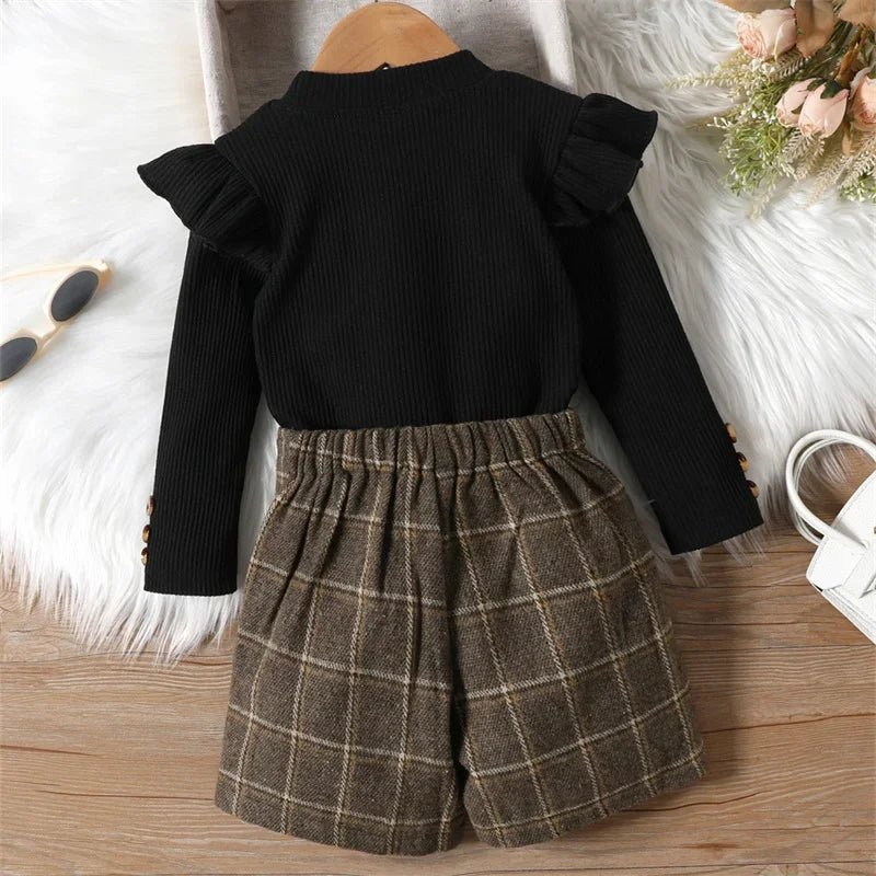 Toddler Girl 2 Piece Outfit Ruffles Long Sleeve Shirt and Plaid Shorts Skirt for Toddler Fall Clothes - PratSN