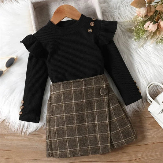 Toddler Girl 2 Piece Outfit Ruffles Long Sleeve Shirt and Plaid Shorts Skirt for Toddler Fall Clothes - PratSN