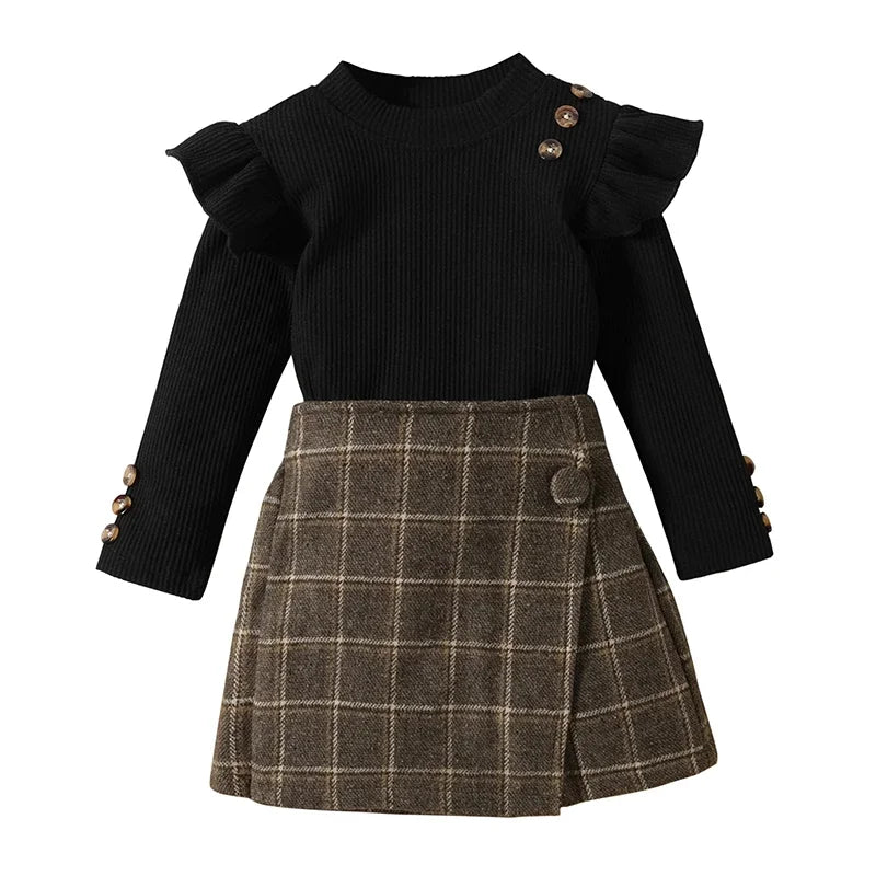 Toddler Girl 2 Piece Outfit Ruffles Long Sleeve Shirt and Plaid Shorts Skirt for Toddler Fall Clothes - PratSN
