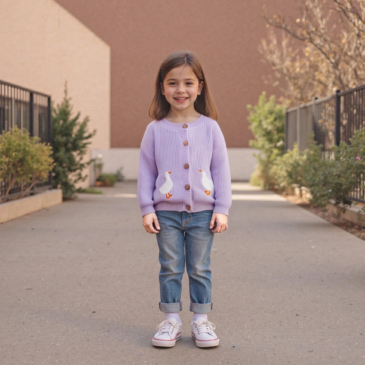 Toddler Girl Knit Sweater Long Sleeve Round Neck Goose Embroidery Button Down Cardigan Kid Tops - PratSN