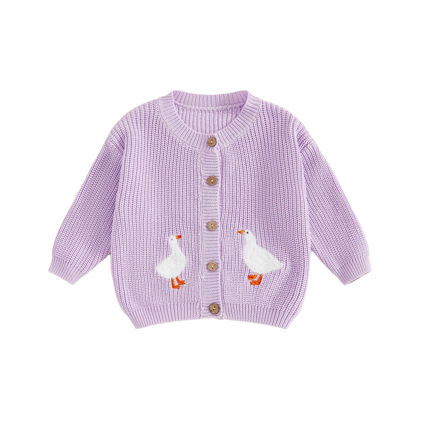Toddler Girl Knit Sweater Long Sleeve Round Neck Goose Embroidery Button Down Cardigan Kid Tops - PratSN