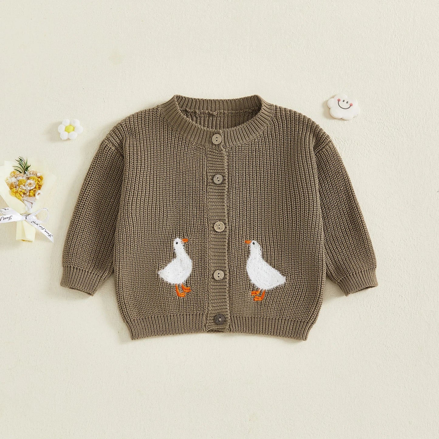 Toddler Girl Knit Sweater Long Sleeve Round Neck Goose Embroidery Button Down Cardigan Kid Tops - PratSN