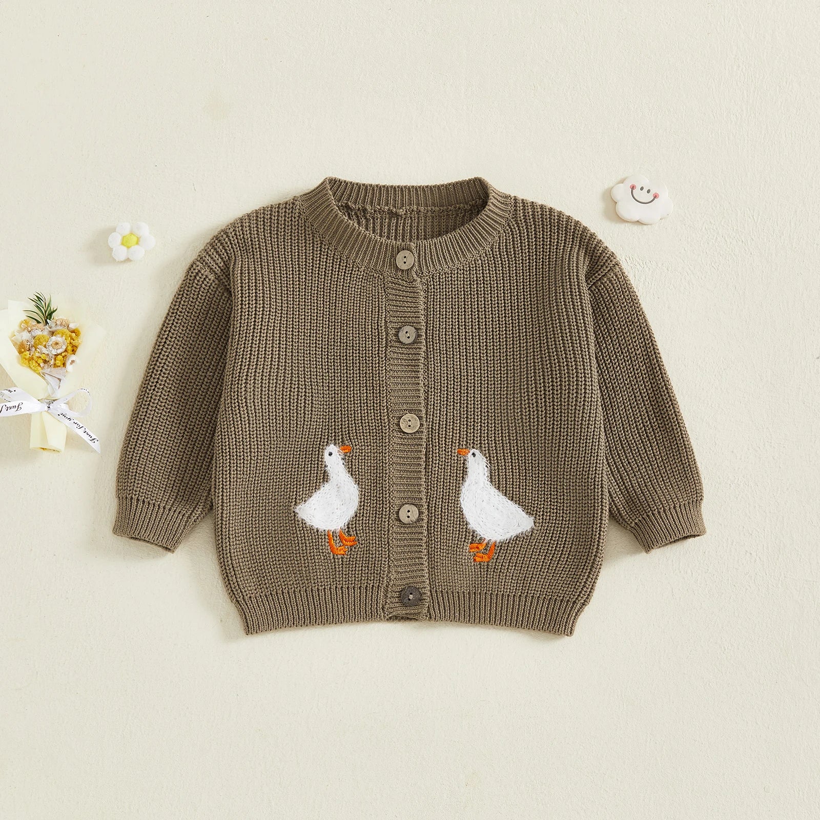 Toddler Girl Knit Sweater Long Sleeve Round Neck Goose Embroidery Button Down Cardigan Kid Tops - PratSN