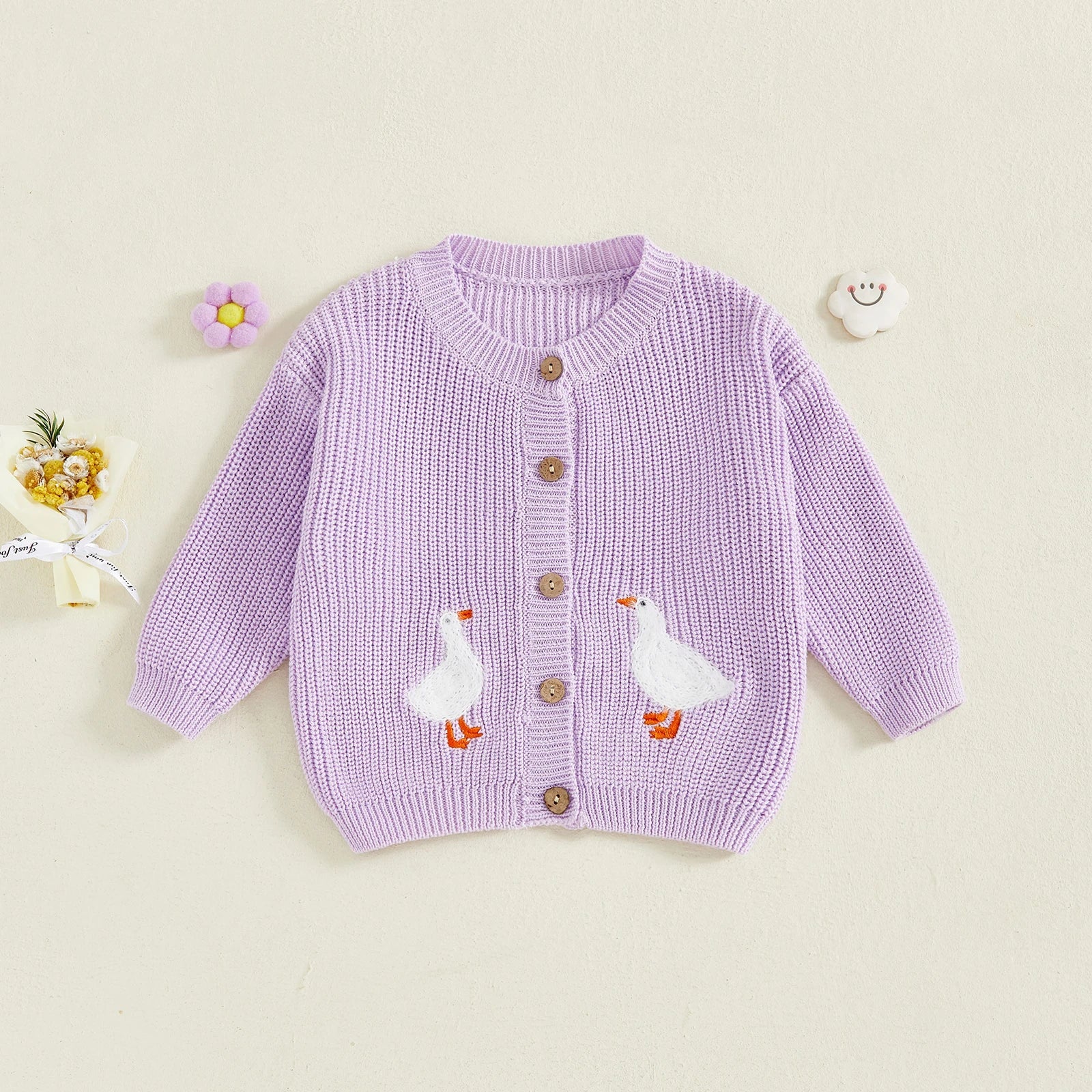 Toddler Girl Knit Sweater Long Sleeve Round Neck Goose Embroidery Button Down Cardigan Kid Tops - PratSN
