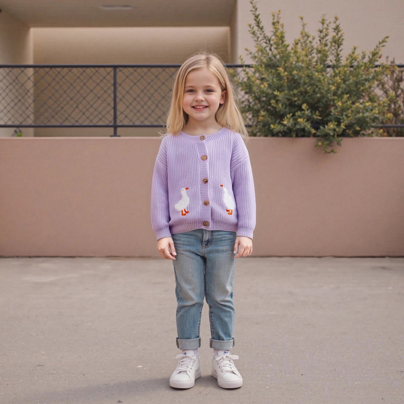 Toddler Girl Knit Sweater Long Sleeve Round Neck Goose Embroidery Button Down Cardigan Kid Tops - PratSN