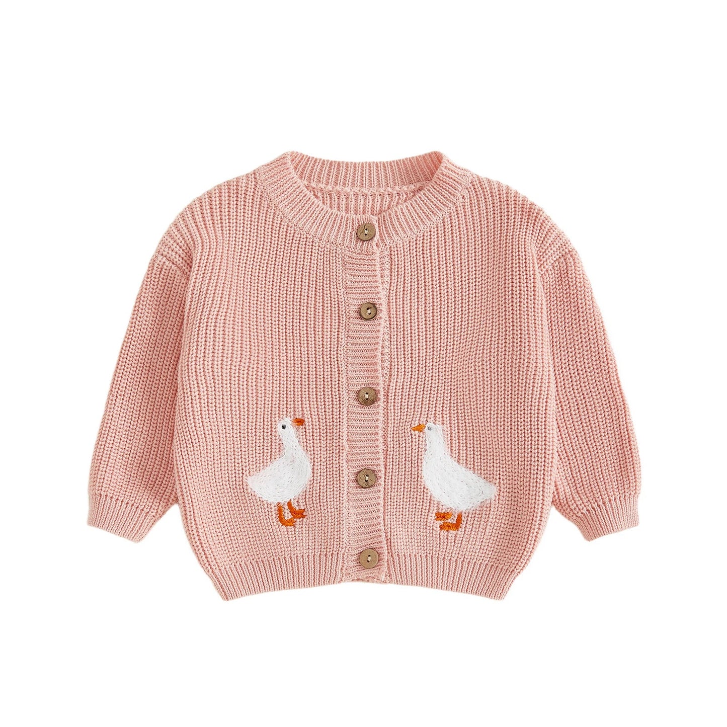Toddler Girl Knit Sweater Long Sleeve Round Neck Goose Embroidery Button Down Cardigan Kid Tops - PratSN