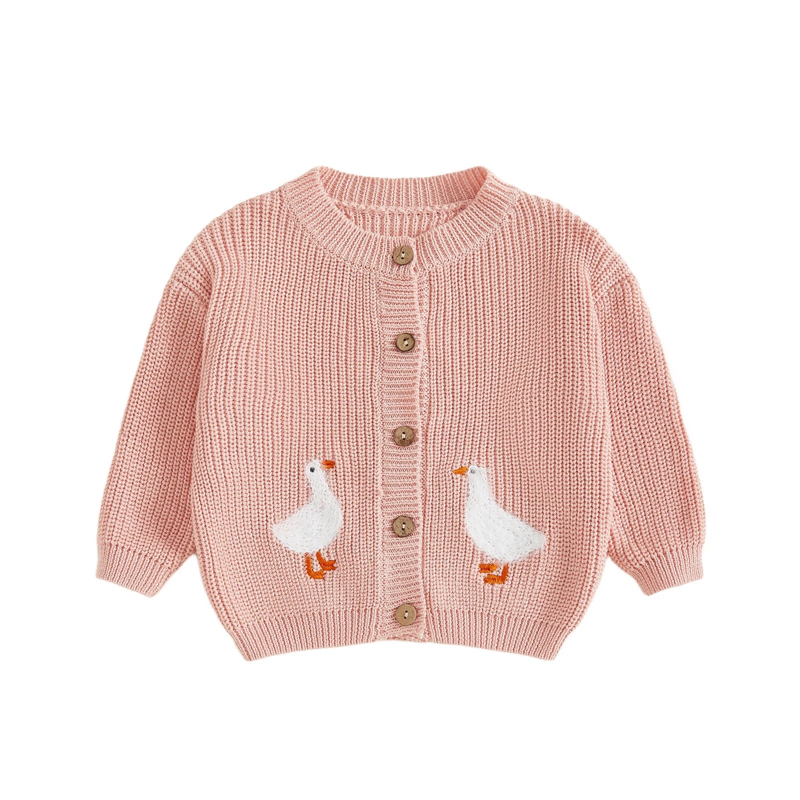 Toddler Girl Knit Sweater Long Sleeve Round Neck Goose Embroidery Button Down Cardigan Kid Tops - PratSN