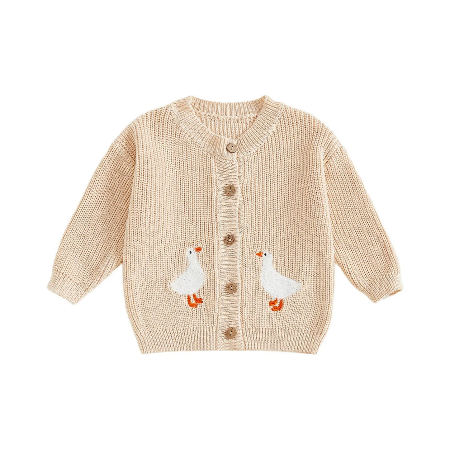 Toddler Girl Knit Sweater Long Sleeve Round Neck Goose Embroidery Button Down Cardigan Kid Tops - PratSN