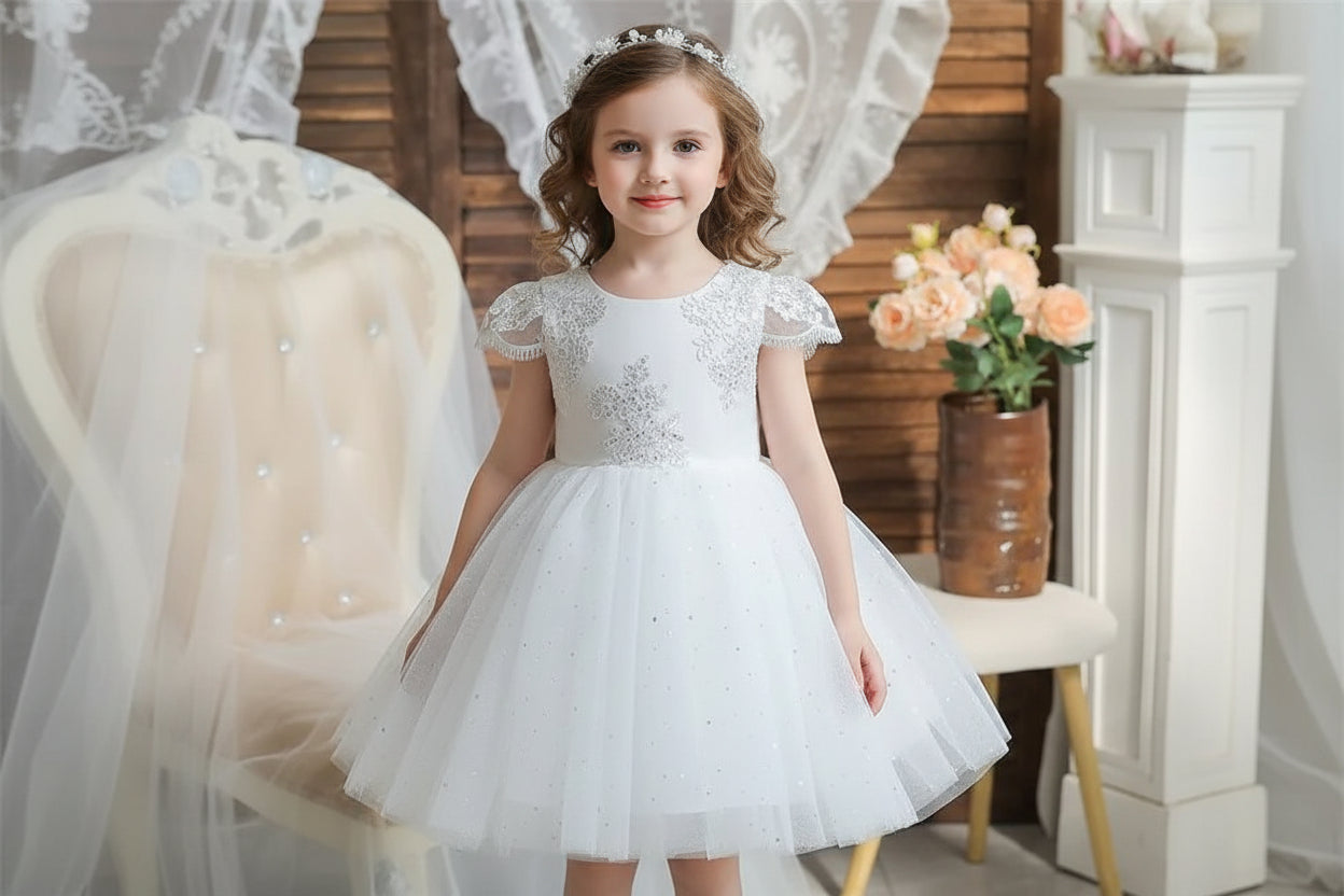 Toddler Girls 1st Birthday Party Dresses Cute Bow Kids Princess Lace Tulle Short Dress Flower Girls Dresses for Wedding 1 - 5 Year - PratSN