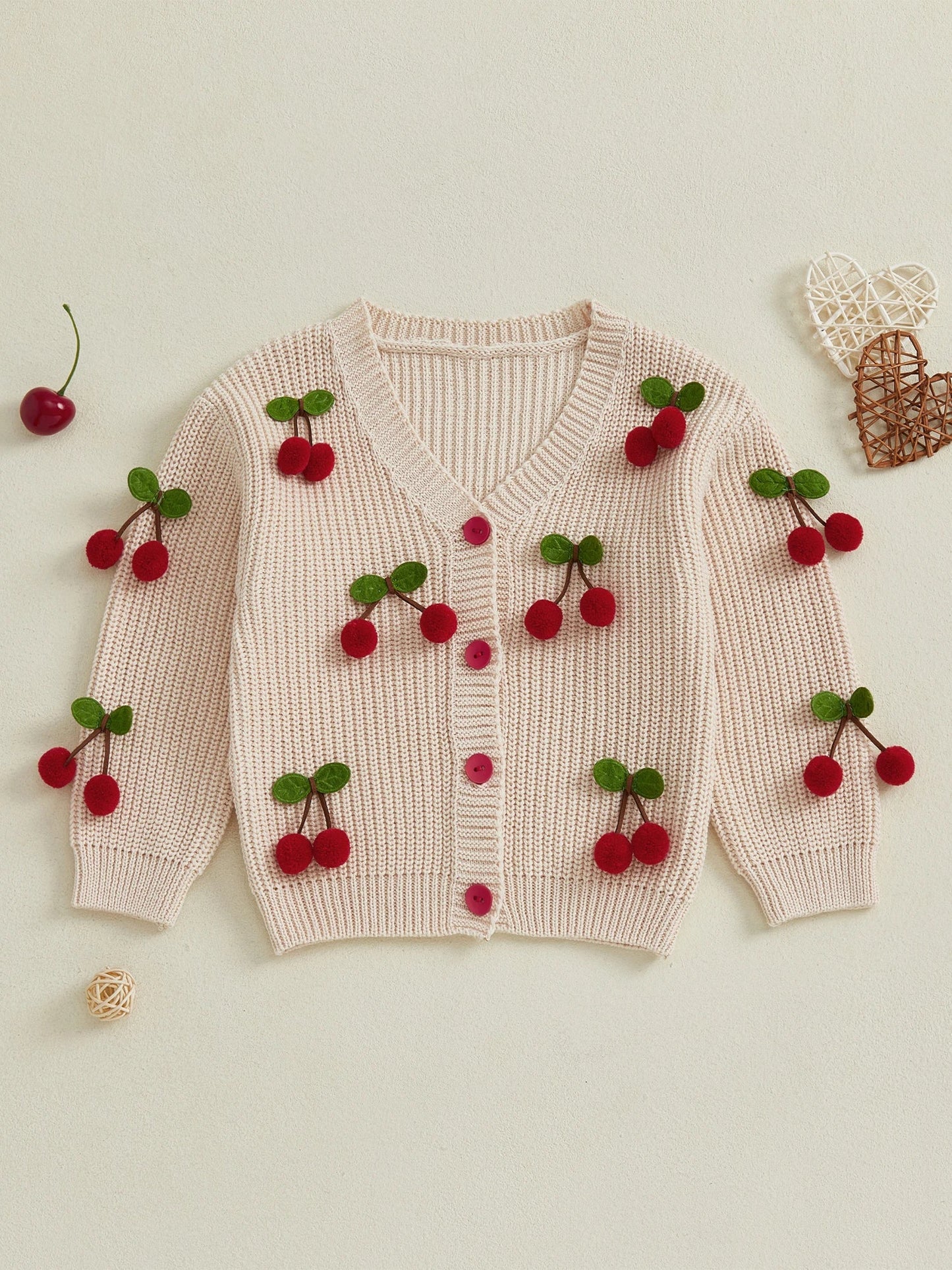 Toddler Girls Cardigan Sweater Cherry Decor V - Neck Button - Down Long Sleeve Knitted Tops Crochet Jacket Autumn Winter Outerwear - PratSN